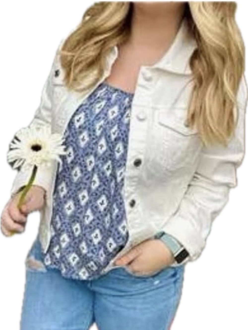 Women’s Denim Trucker Jacket in White Sz L EUC $98R - Picture 4 of 6